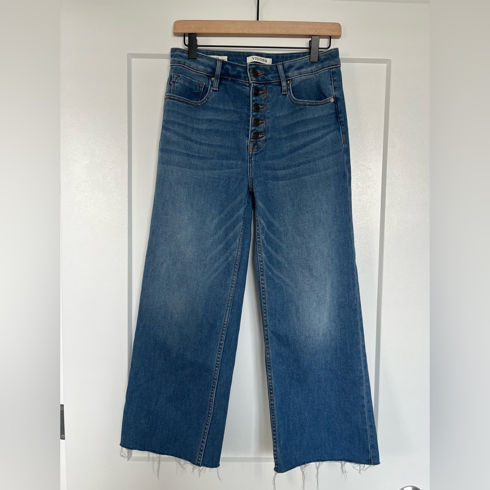 Vigoss Dylan Wide Leg Jeans Button Fly Raw Hem Blue Denim Size 27 Y2K